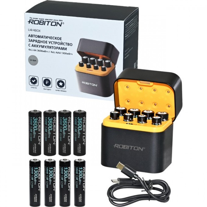 Зарядное устройство с аккумуляторами ROBITON Li4/4BOX + аккумуляторы 4*Li14500 (AA) 2200мАч/4*Li10440 (AAA) 736мАч 19877